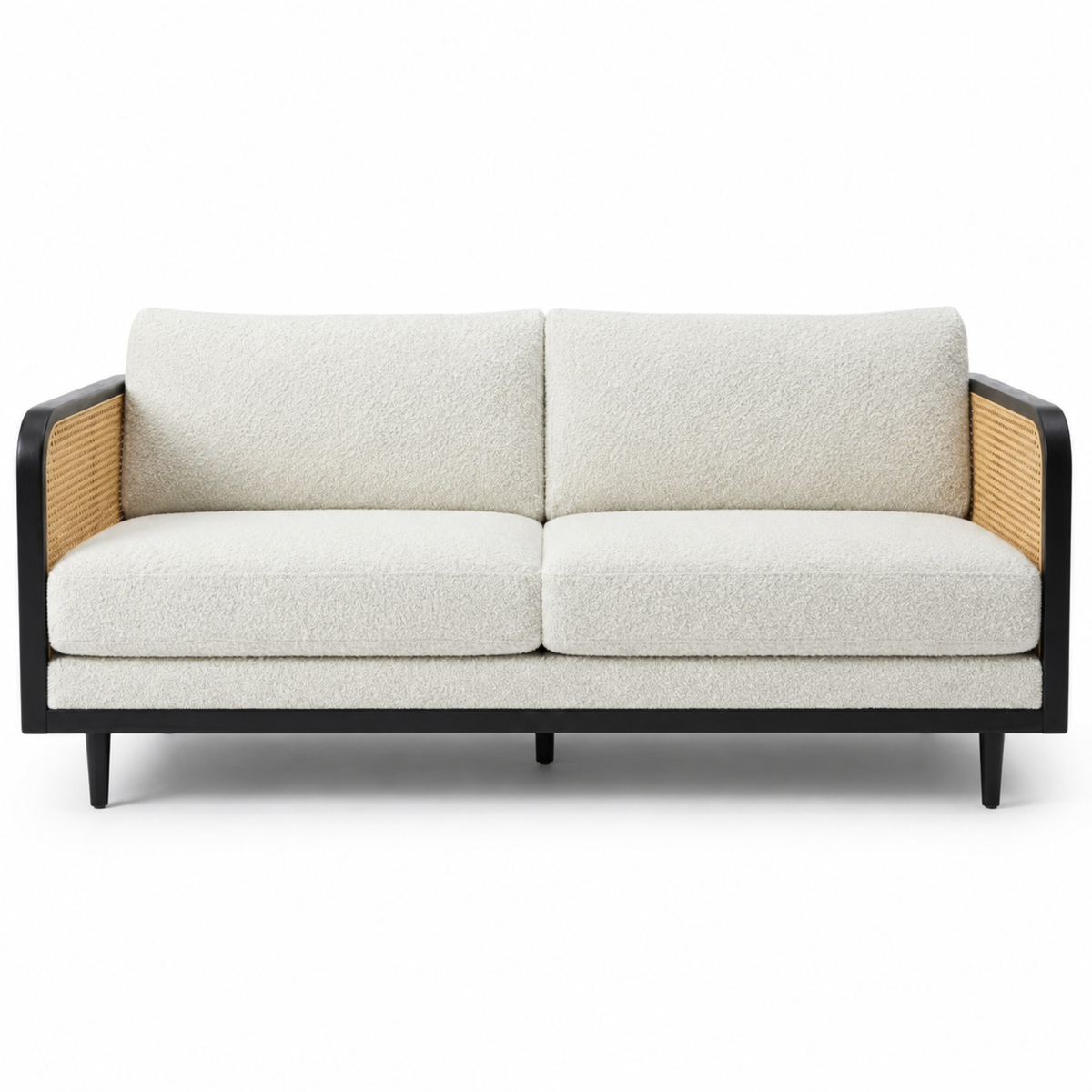 Modern Cane Frame Upholstered Sofa with Premium Boucle Fabric, Wooden Structure & Contemporary Luxury Lounge Design