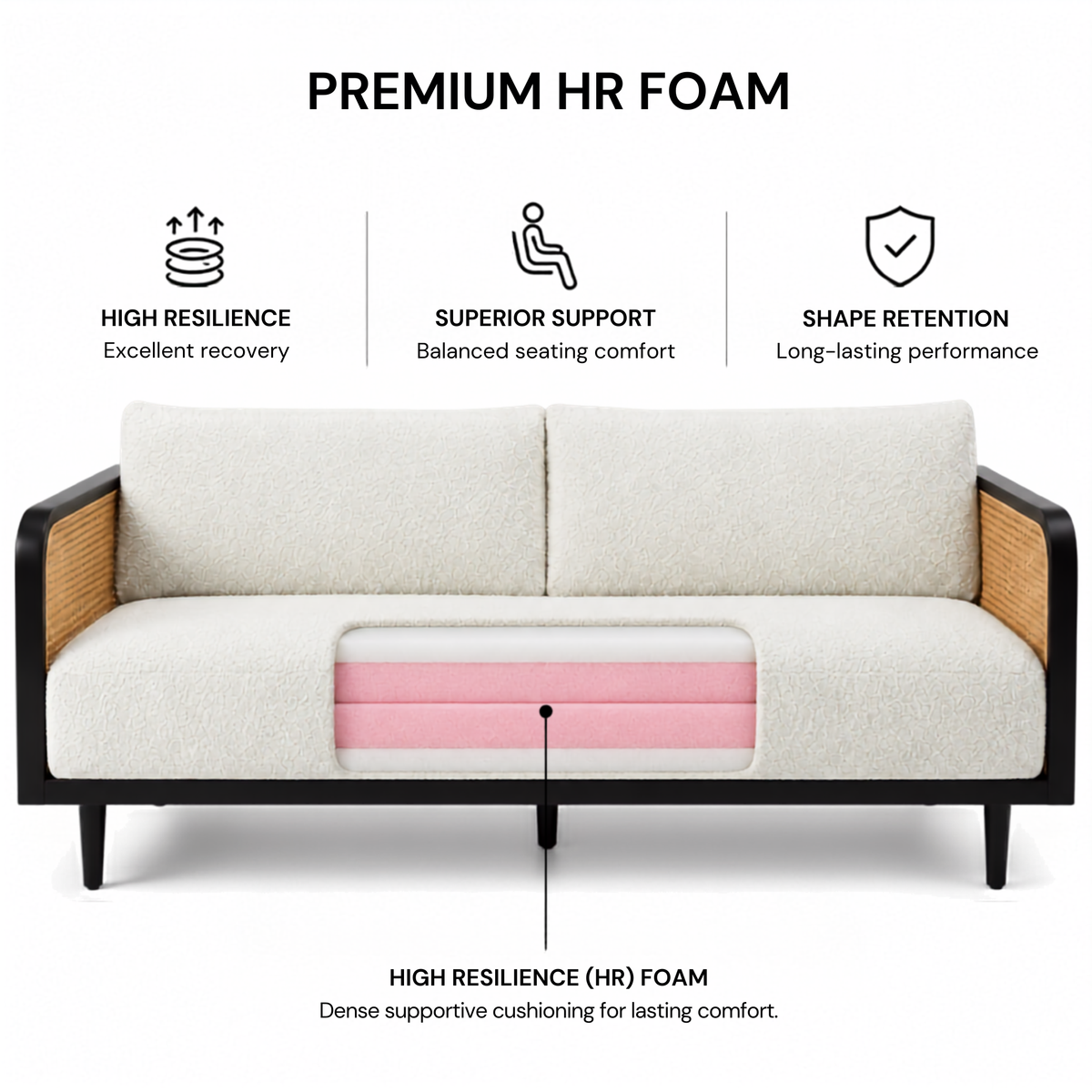 Modern Cane Frame Upholstered Sofa with Premium Boucle Fabric, Wooden Structure & Contemporary Luxury Lounge Design