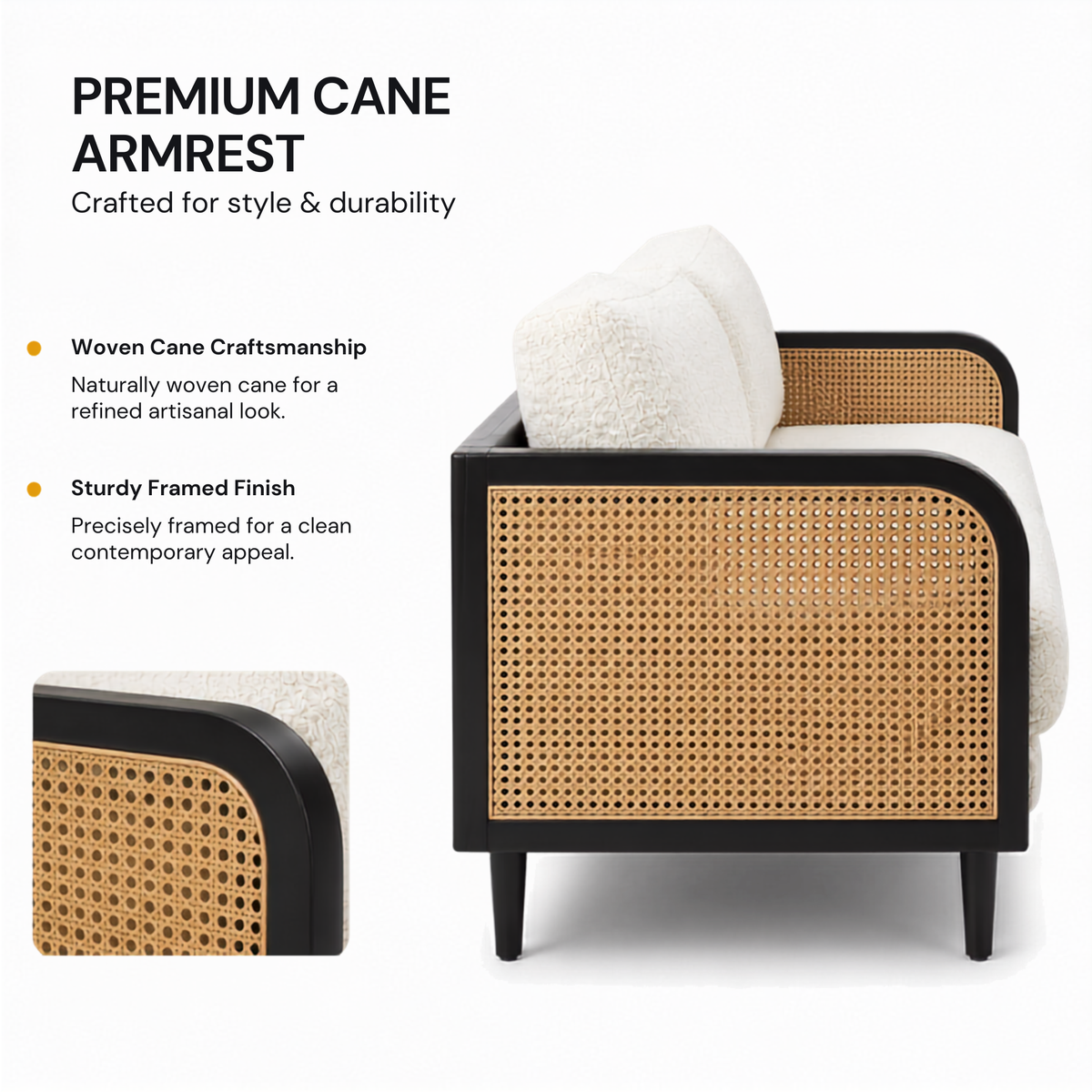 Modern Cane Frame Upholstered Sofa with Premium Boucle Fabric, Wooden Structure & Contemporary Luxury Lounge Design