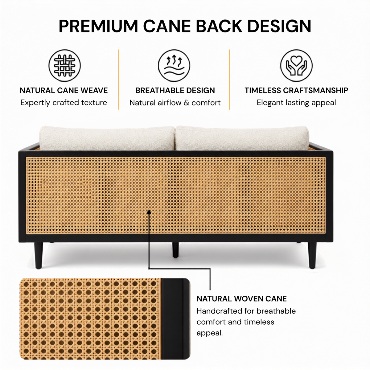 Modern Cane Frame Upholstered Sofa with Premium Boucle Fabric, Wooden Structure & Contemporary Luxury Lounge Design