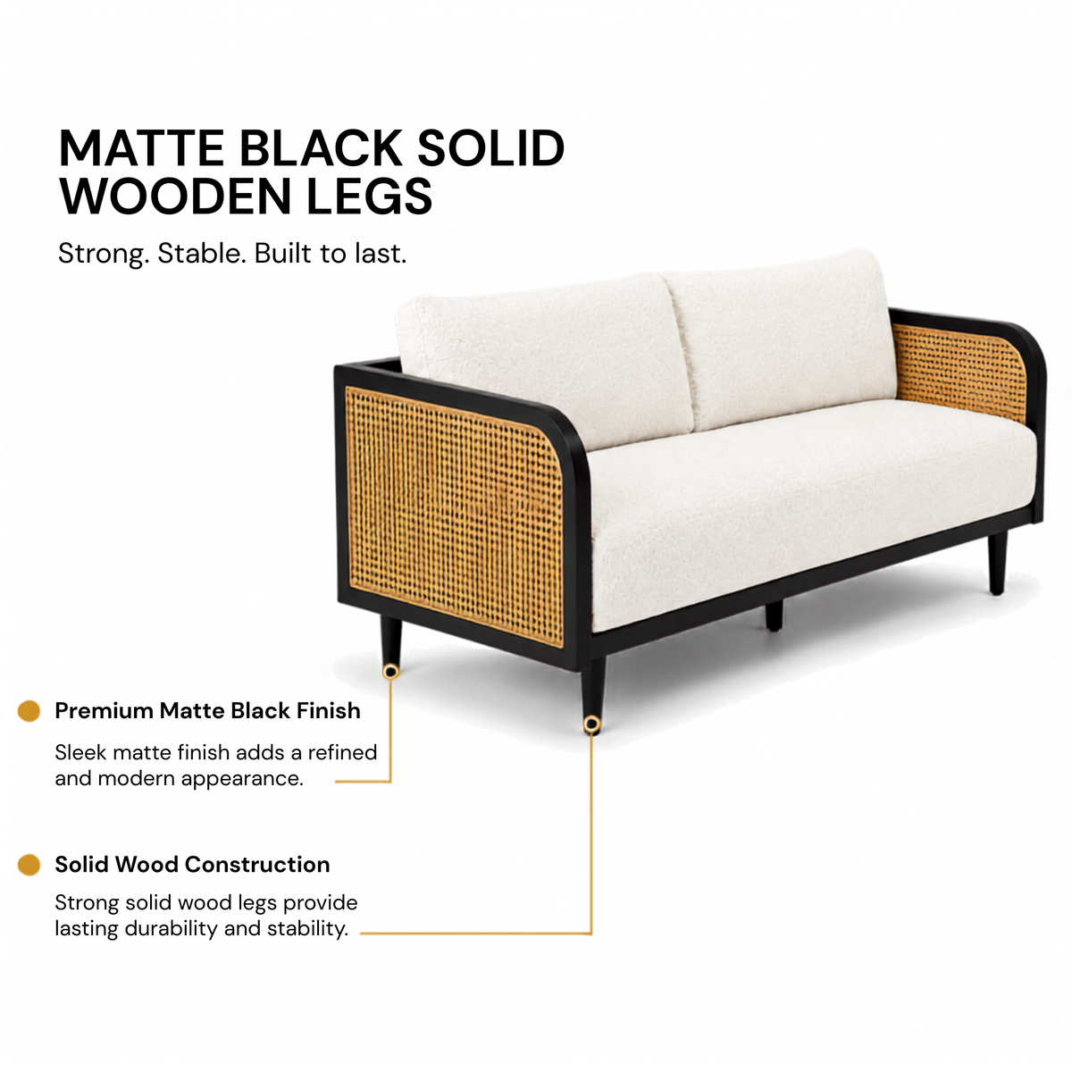 Modern Cane Frame Upholstered Sofa with Premium Boucle Fabric, Wooden Structure & Contemporary Luxury Lounge Design