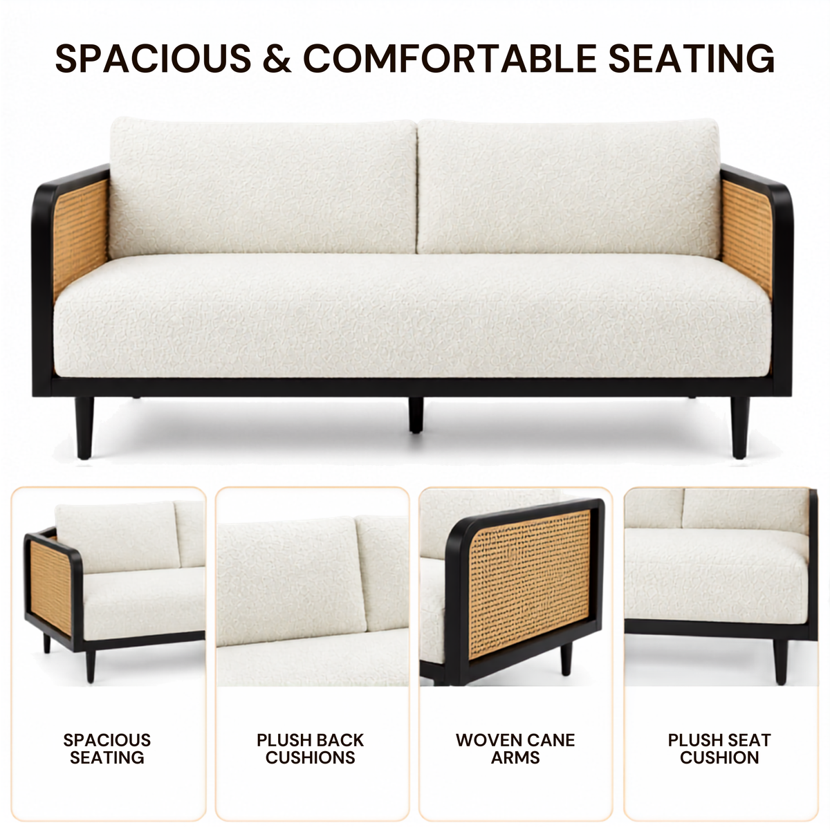Modern Cane Frame Upholstered Sofa with Premium Boucle Fabric, Wooden Structure & Contemporary Luxury Lounge Design