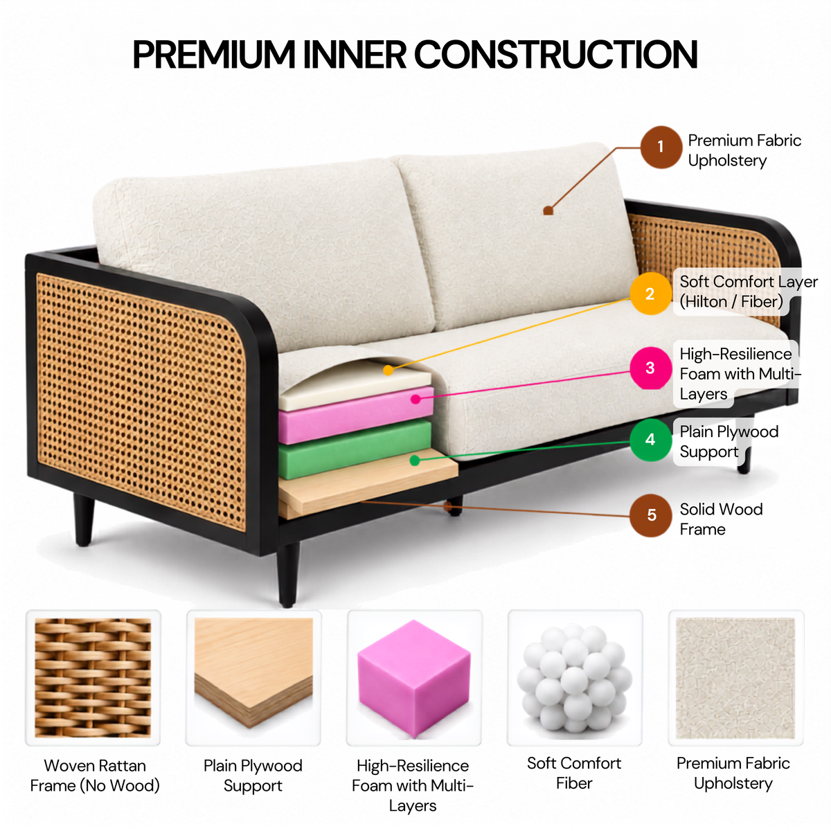 Modern Cane Frame Upholstered Sofa with Premium Boucle Fabric, Wooden Structure & Contemporary Luxury Lounge Design