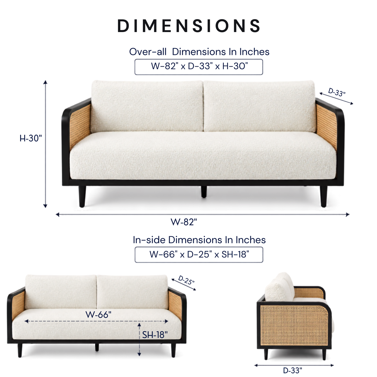 Modern Cane Frame Upholstered Sofa with Premium Boucle Fabric, Wooden Structure & Contemporary Luxury Lounge Design