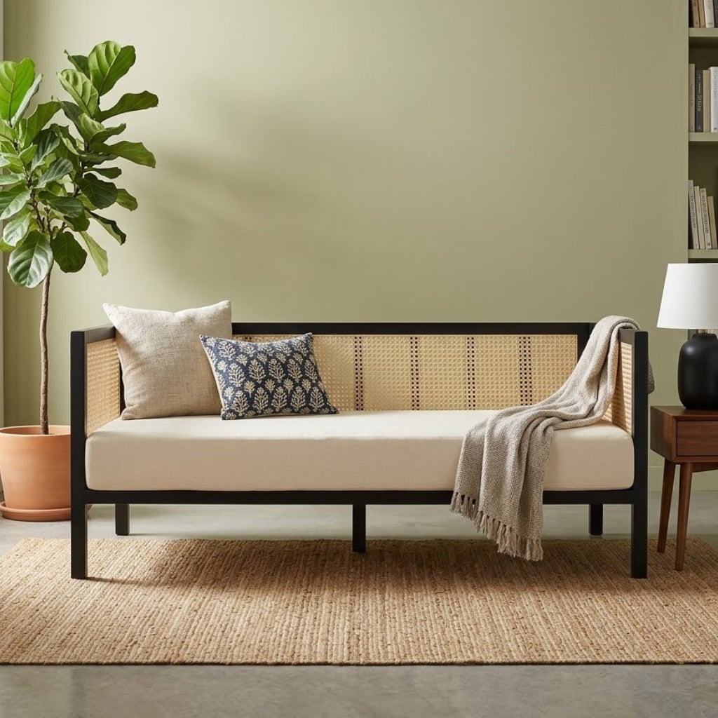 Modern Cane Lounge Sofa with Powder Coated Metal Frame and Upholstered Cushion for Living Room, Lounge & Hospitality Spaces