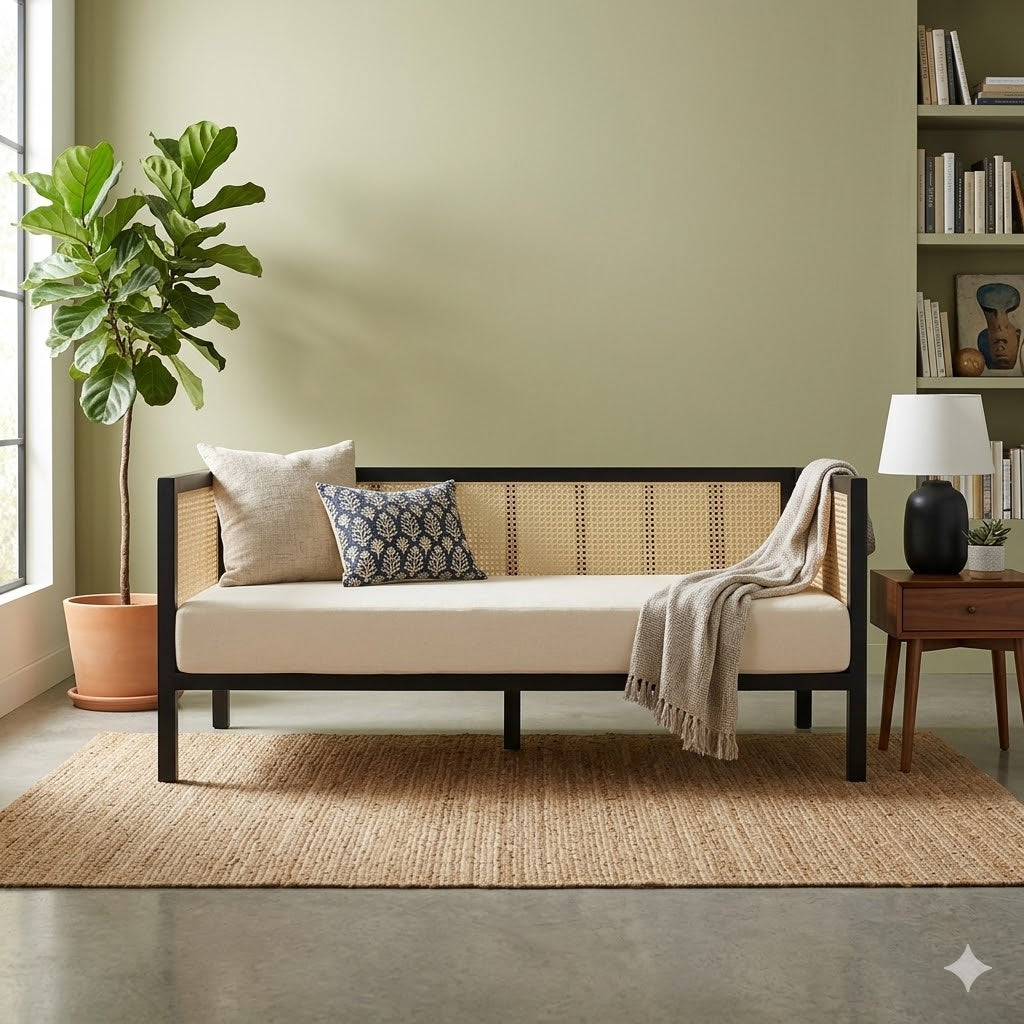 Modern Cane Daybed with Solid Wood Frame and Handwoven Rattan Panels for Luxury Living Room, Lounge and Hospitality Spaces