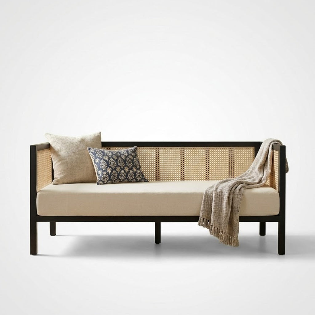 Modern Cane Lounge Sofa with Powder Coated Metal Frame and Upholstered Cushion for Living Room, Lounge & Hospitality Spaces