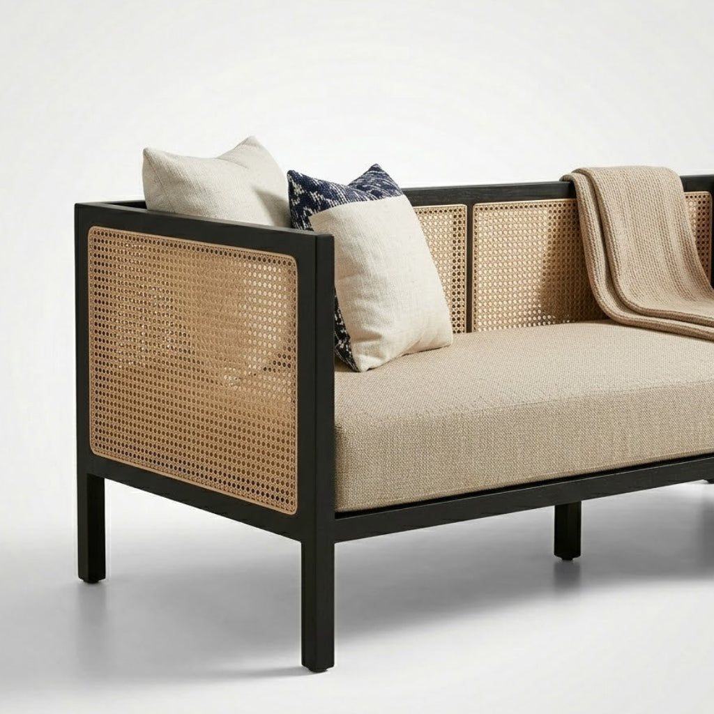 Modern Cane Lounge Sofa with Powder Coated Metal Frame and Upholstered Cushion for Living Room, Lounge & Hospitality Spaces