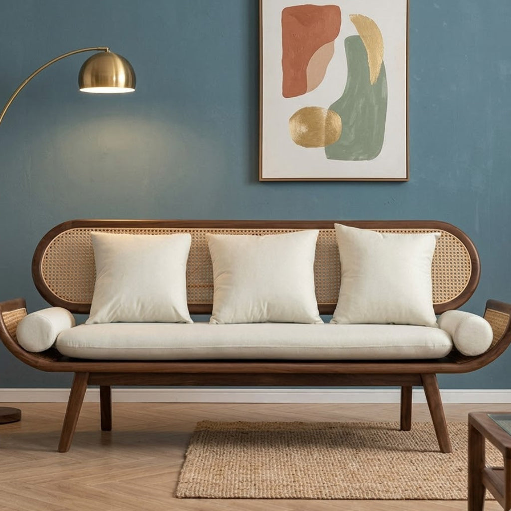 Modern Solid Wood Cane Sofa with Handwoven Rattan Backrest and Premium Upholstered Cushion Seating for Living Room Spaces