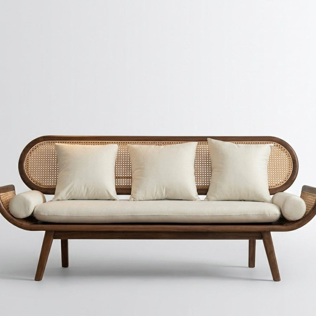 Modern Solid Wood Cane Sofa with Handwoven Rattan Backrest and Premium Upholstered Cushion Seating for Living Room Spaces