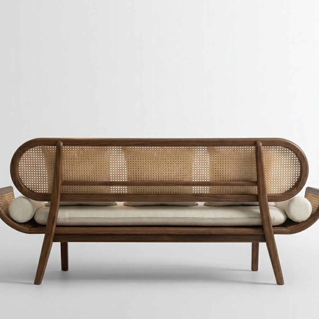 Modern Solid Wood Cane Sofa with Handwoven Rattan Backrest and Premium Upholstered Cushion Seating for Living Room Spaces