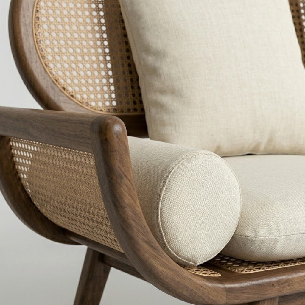 Modern Solid Wood Cane Sofa with Handwoven Rattan Backrest and Premium Upholstered Cushion Seating for Living Room Spaces