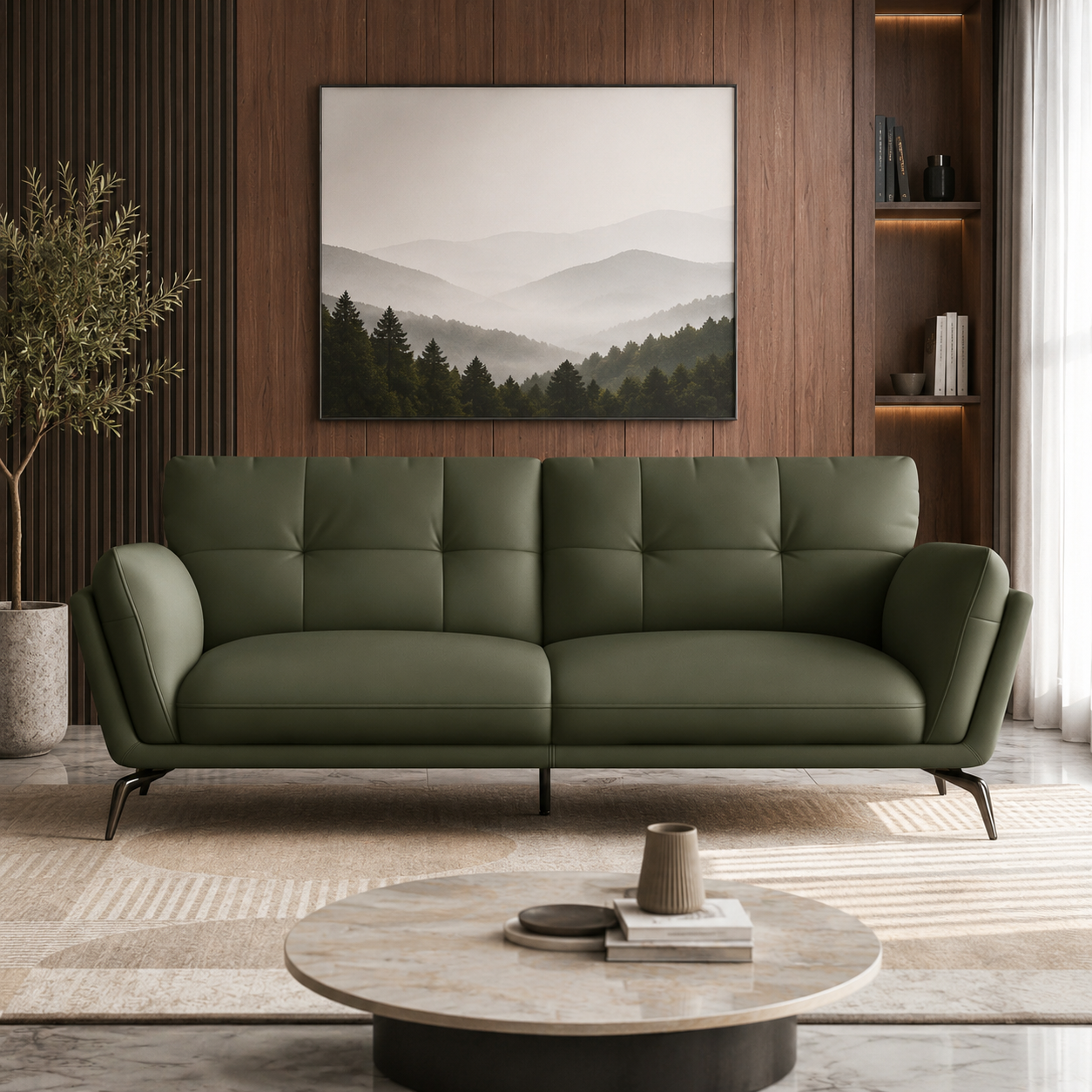 Modern Premium Upholstered Lounge Sofa with Tufted Backrest, Metal Legs & Contemporary Luxury Living Room Design