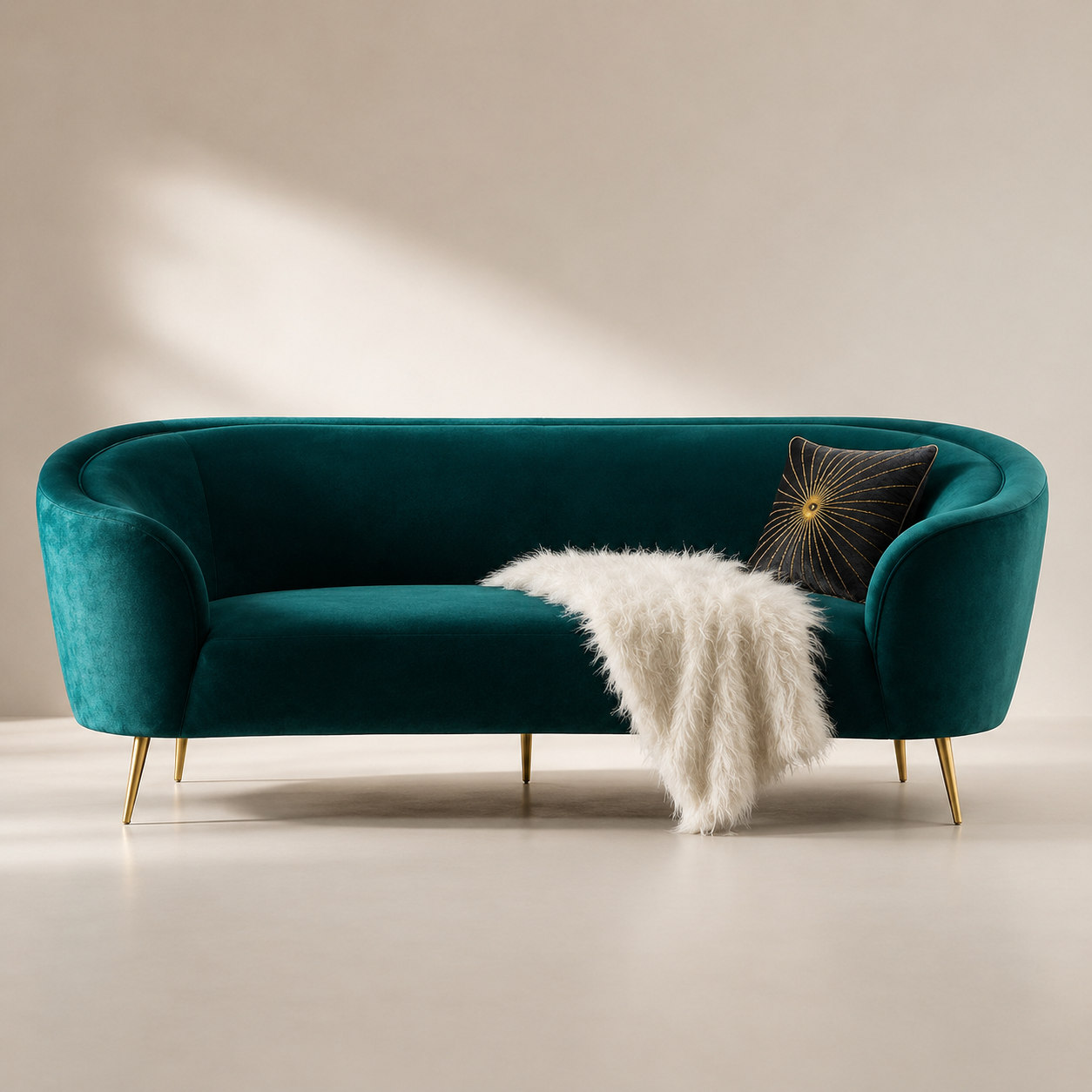 Luxury Emerald Green Modern Curved Sofa with Elegant Gold PVD Legs, Premium Comfort Seating, Contemporary Designer Furniture for Living Room, Lounge And Reception Areas
