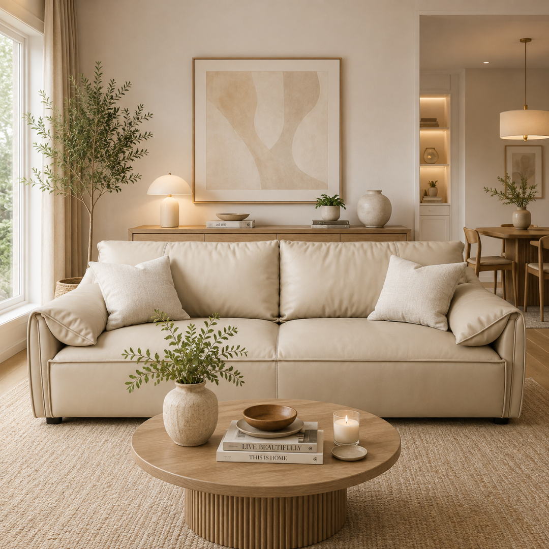 Modern Luxury 1 to 3-Seater Sofa | Premium Upholstered Fabric Sofa with Cushioned Armrests & Deep Seating | Contemporary Living Room Couch | Cream Beige