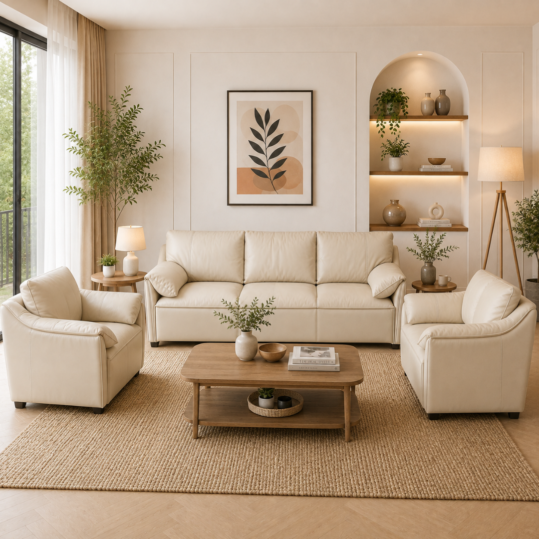 Modern Luxury 1 to 3-Seater Sofa | Premium Upholstered Fabric Sofa with Cushioned Armrests & Deep Seating | Contemporary Living Room Couch | Cream Beige