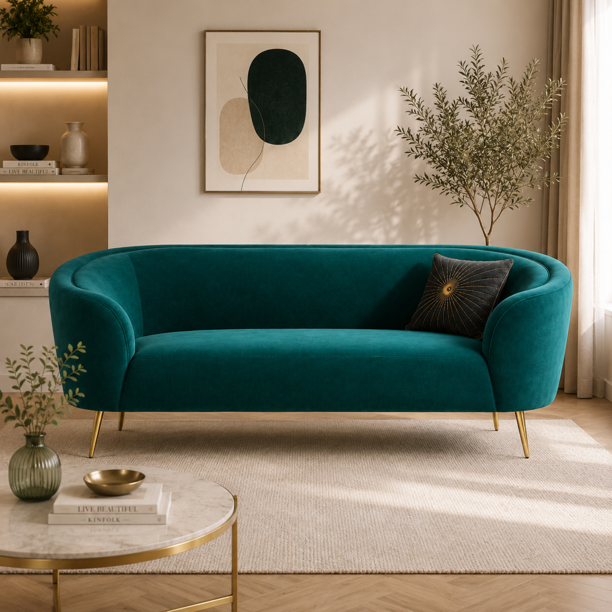 Luxury Emerald Green Modern Curved Sofa with Elegant Gold PVD Legs, Premium Comfort Seating, Contemporary Designer Furniture for Living Room, Lounge And Reception Areas
