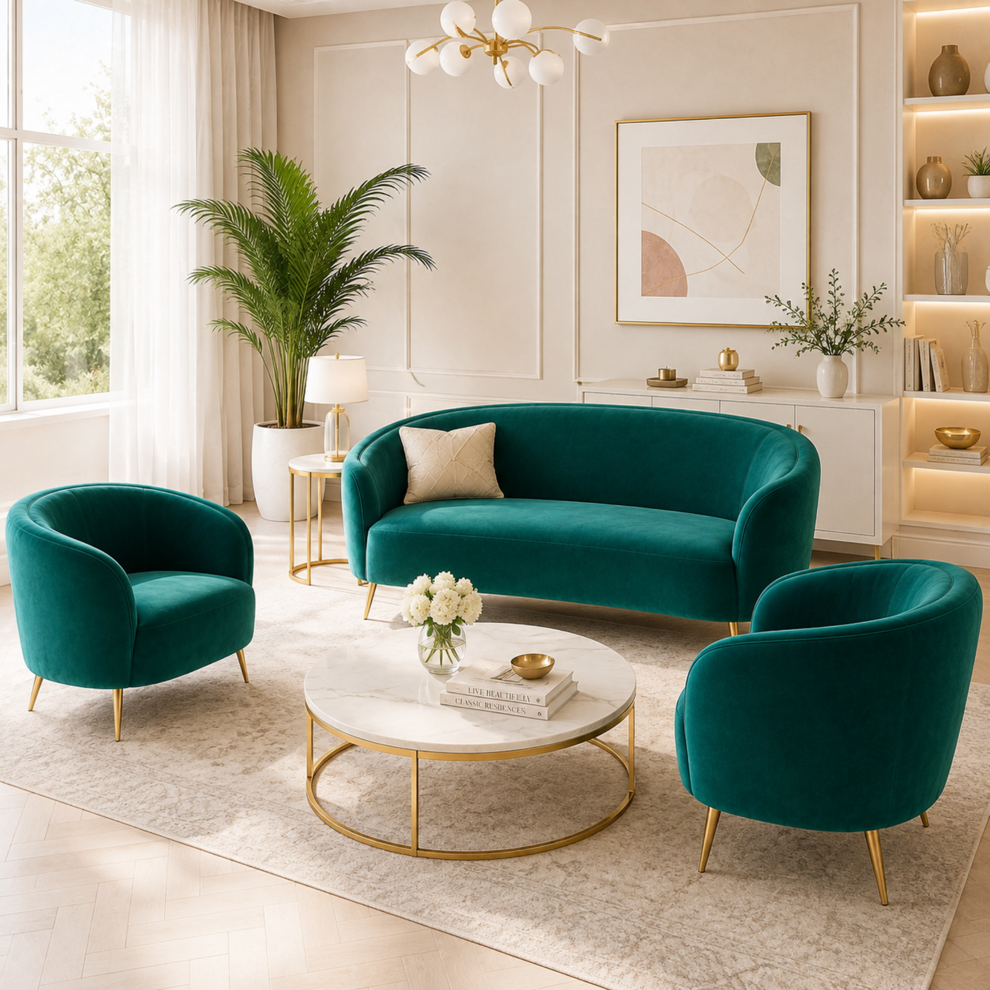 Luxury Emerald Green Modern Curved Sofa with Elegant Gold PVD Legs, Premium Comfort Seating, Contemporary Designer Furniture for Living Room, Lounge And Reception Areas