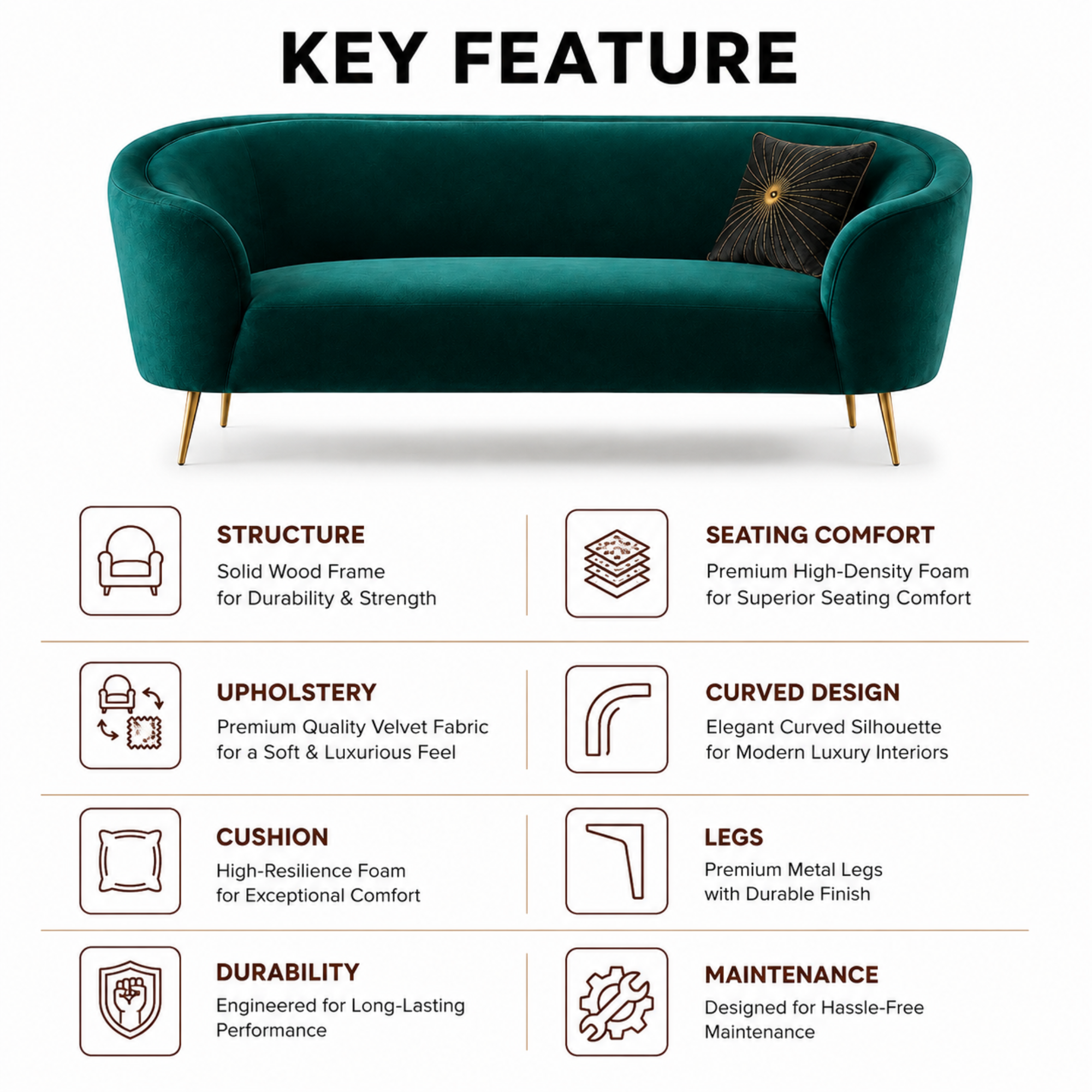 Luxury Emerald Green Modern Curved Sofa with Elegant Gold PVD Legs, Premium Comfort Seating, Contemporary Designer Furniture for Living Room, Lounge And Reception Areas