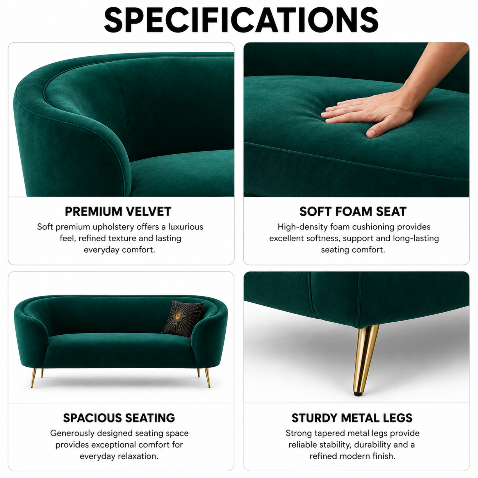 Luxury Emerald Green Modern Curved Sofa with Elegant Gold PVD Legs, Premium Comfort Seating, Contemporary Designer Furniture for Living Room, Lounge And Reception Areas