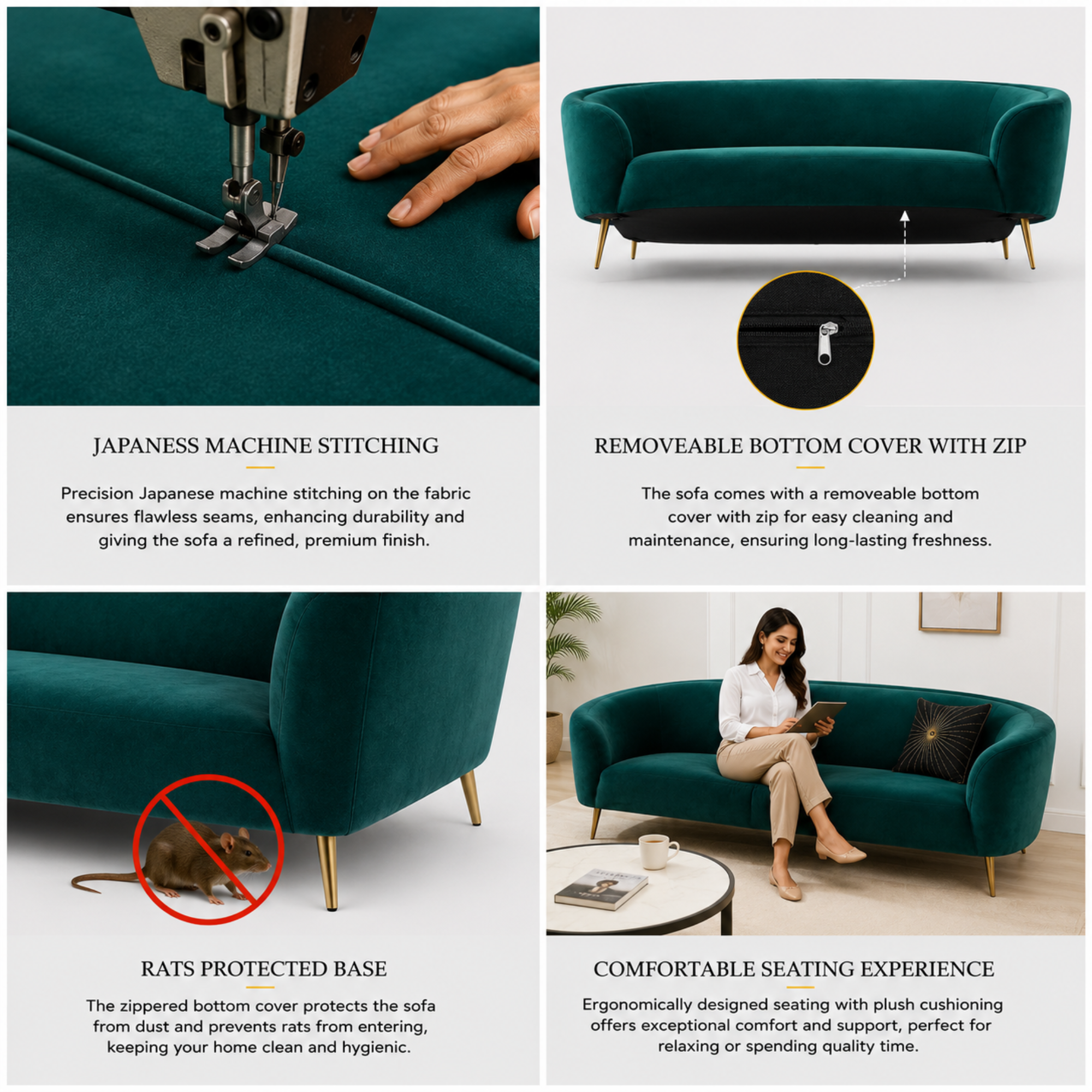 Luxury Emerald Green Modern Curved Sofa with Elegant Gold PVD Legs, Premium Comfort Seating, Contemporary Designer Furniture for Living Room, Lounge And Reception Areas