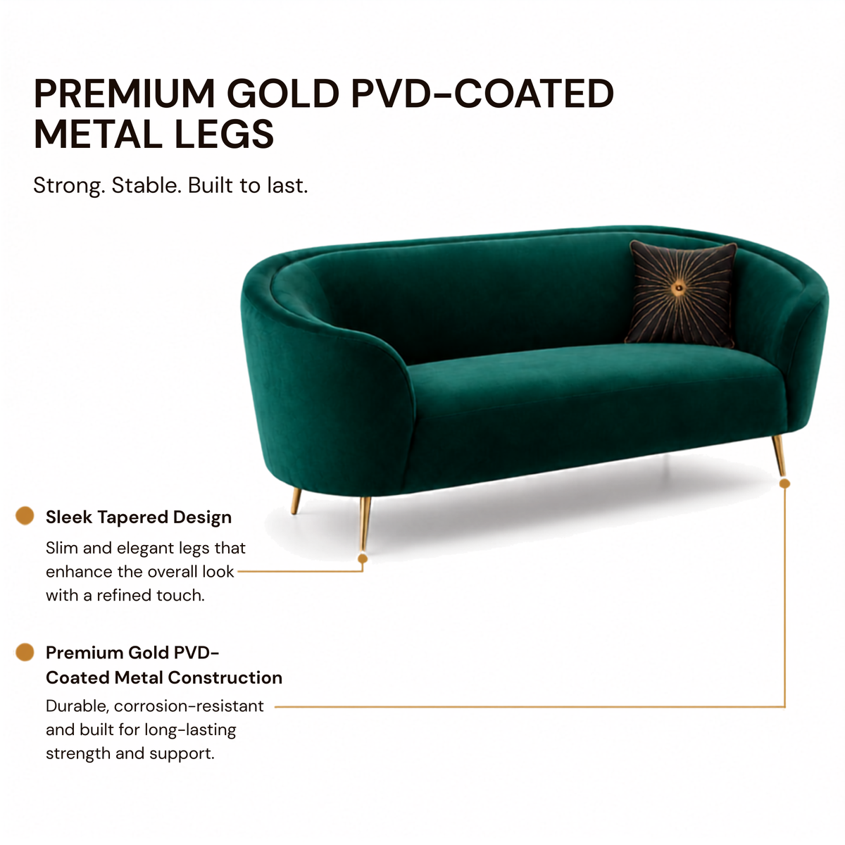 Luxury Emerald Green Modern Curved Sofa with Elegant Gold PVD Legs, Premium Comfort Seating, Contemporary Designer Furniture for Living Room, Lounge And Reception Areas