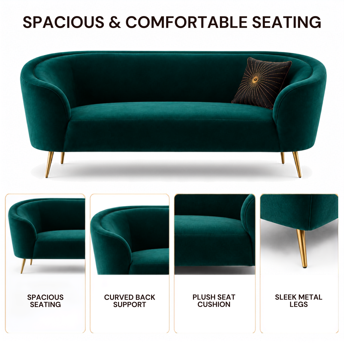 Luxury Emerald Green Modern Curved Sofa with Elegant Gold PVD Legs, Premium Comfort Seating, Contemporary Designer Furniture for Living Room, Lounge And Reception Areas