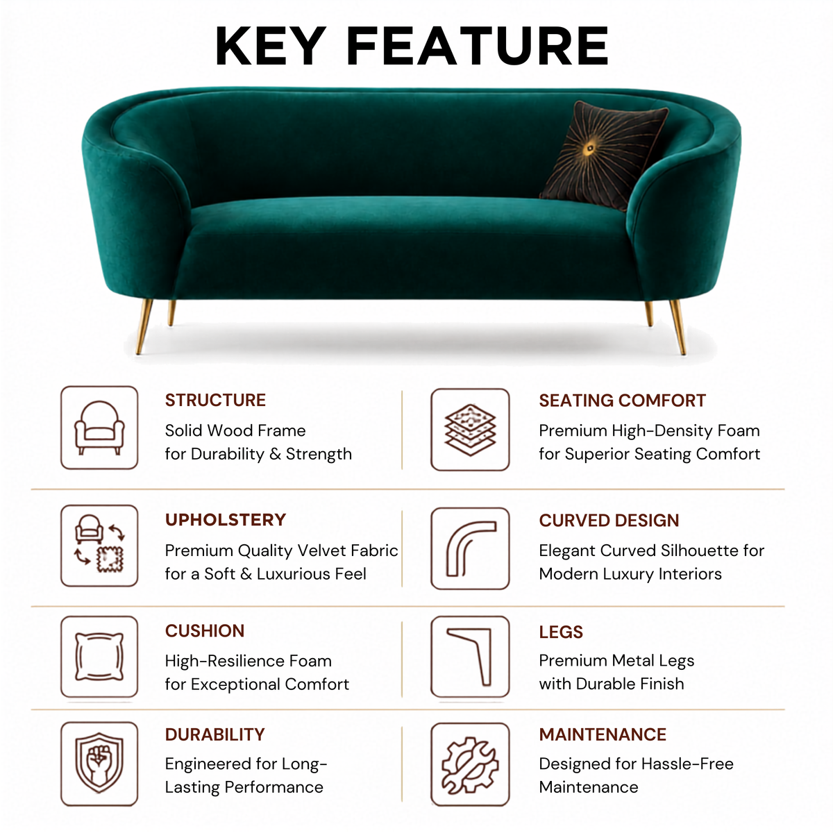 Luxury Emerald Green Modern Curved Sofa with Elegant Gold PVD Legs, Premium Comfort Seating, Contemporary Designer Furniture for Living Room, Lounge And Reception Areas