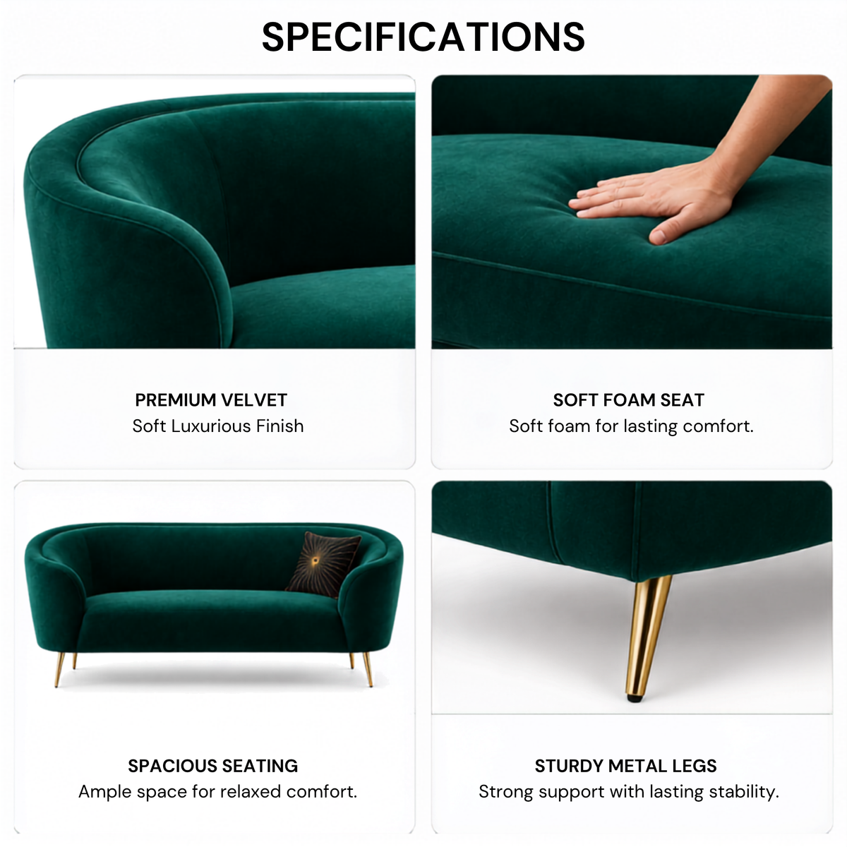 Luxury Emerald Green Modern Curved Sofa with Elegant Gold PVD Legs, Premium Comfort Seating, Contemporary Designer Furniture for Living Room, Lounge And Reception Areas