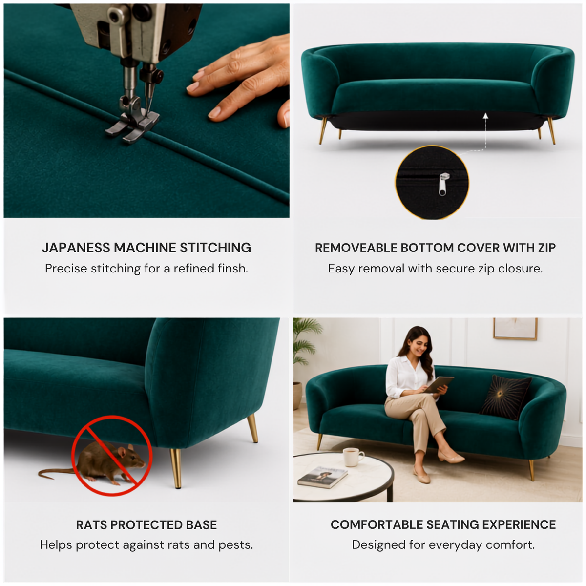 Luxury Emerald Green Modern Curved Sofa with Elegant Gold PVD Legs, Premium Comfort Seating, Contemporary Designer Furniture for Living Room, Lounge And Reception Areas