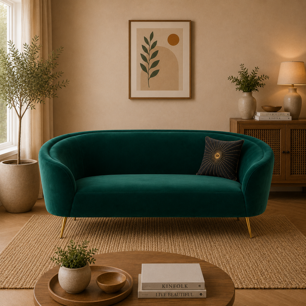 Luxury Emerald Green Modern Curved Sofa with Elegant Gold PVD Legs, Premium Comfort Seating, Contemporary Designer Furniture for Living Room, Lounge And Reception Areas
