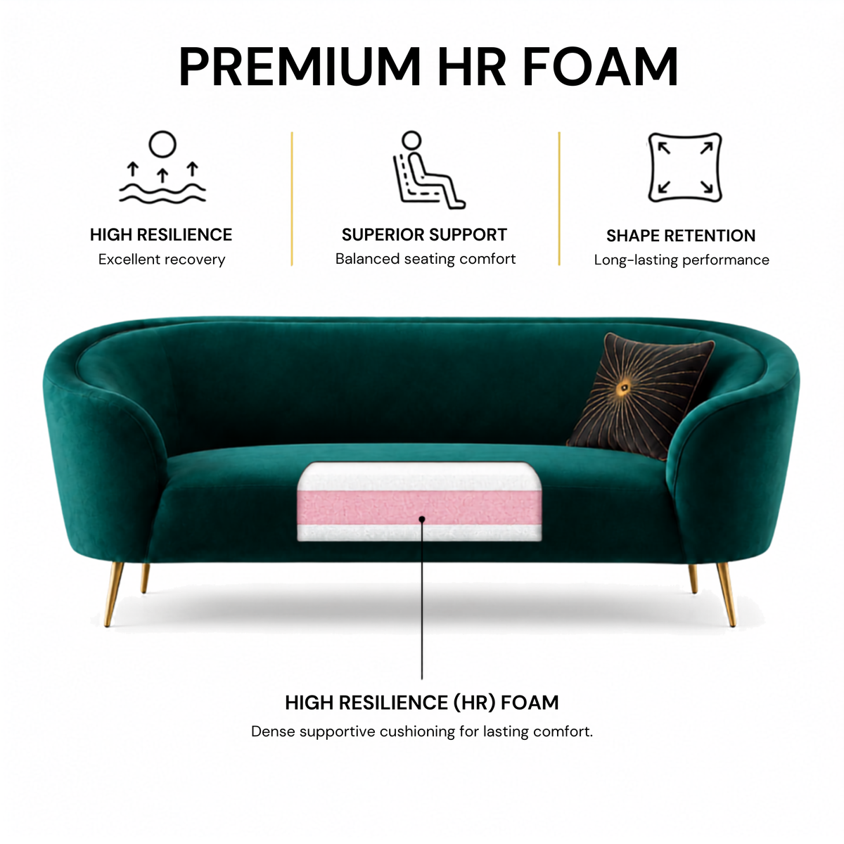 Luxury Emerald Green Modern Curved Sofa with Elegant Gold PVD Legs, Premium Comfort Seating, Contemporary Designer Furniture for Living Room, Lounge And Reception Areas