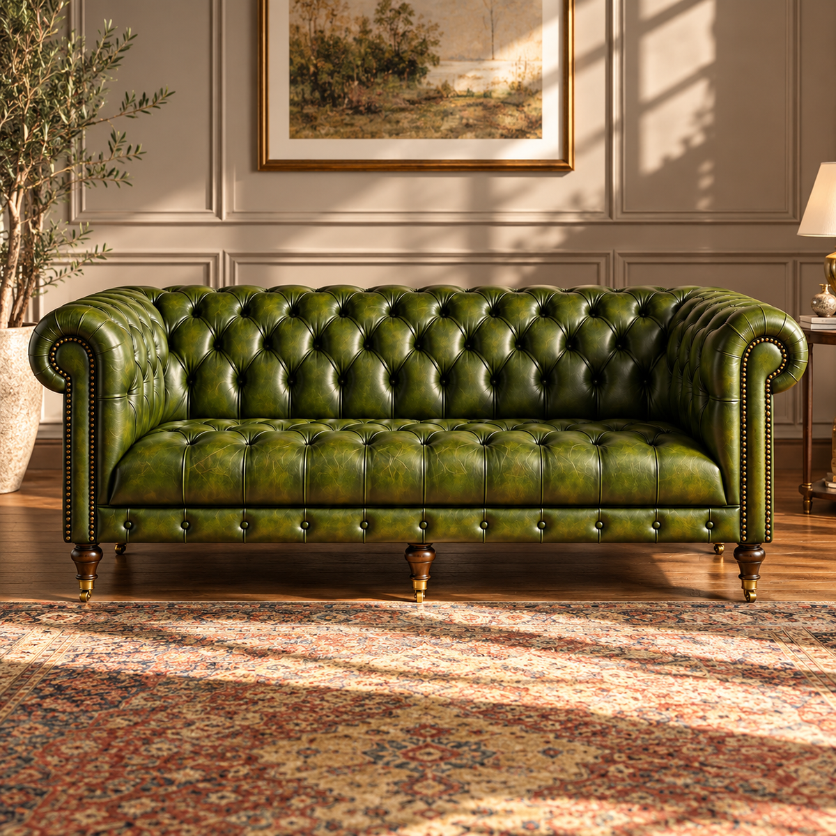 Royal Chesterfield Sofa with Deep Button Tufting, Rolled Armrests, Plush Cushioned Seat & Vintage Design for Luxury Living Rooms