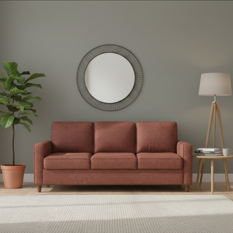 Red sofa in a living room with a mirror, plant, and lamp.