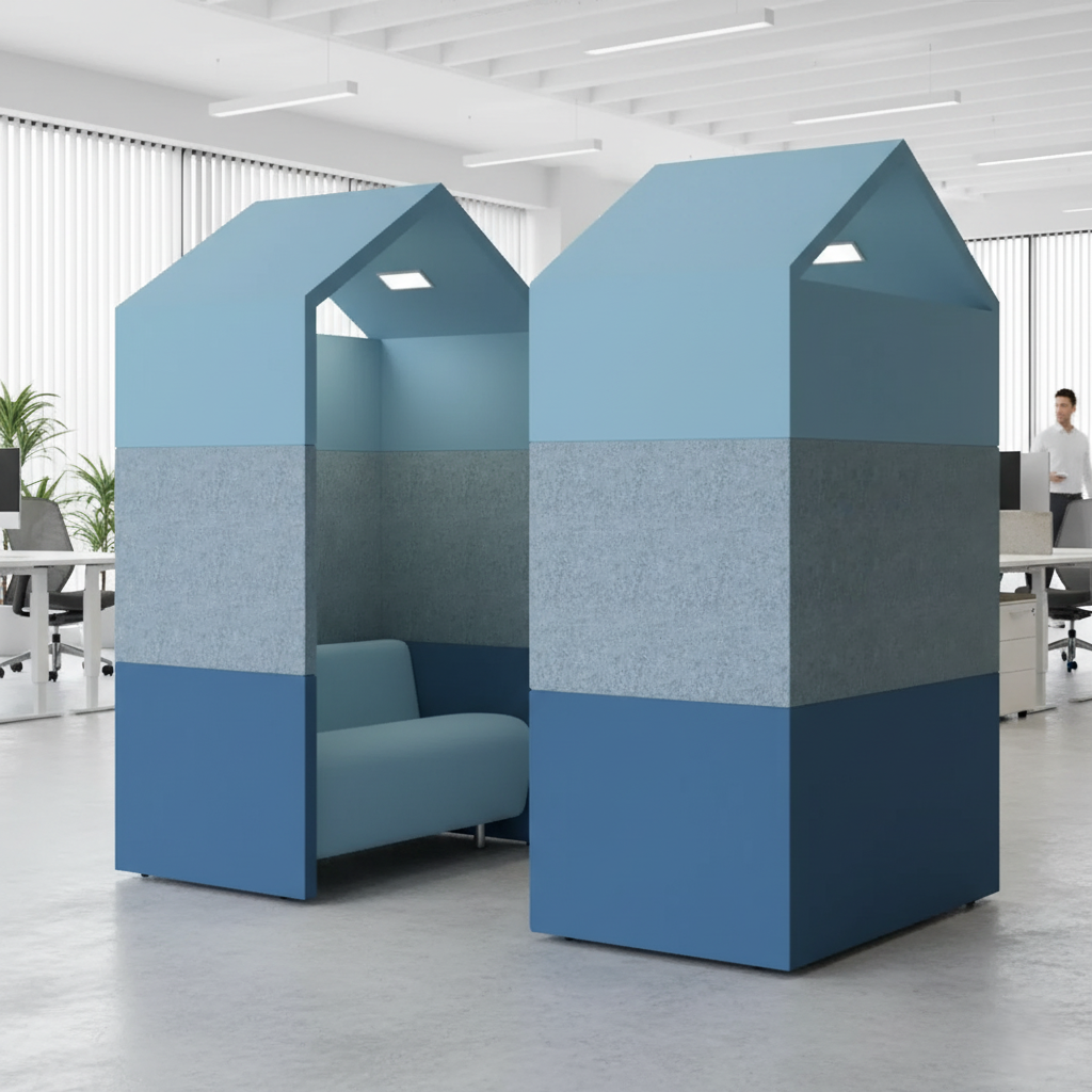 2-सीटर ऑफिस सोफा, जिसमें ऊंची पीठ और गोपनीयता विभाजक के साथ कॉन्फ़िगर करने योग्य ऑफिस सीटिंग है