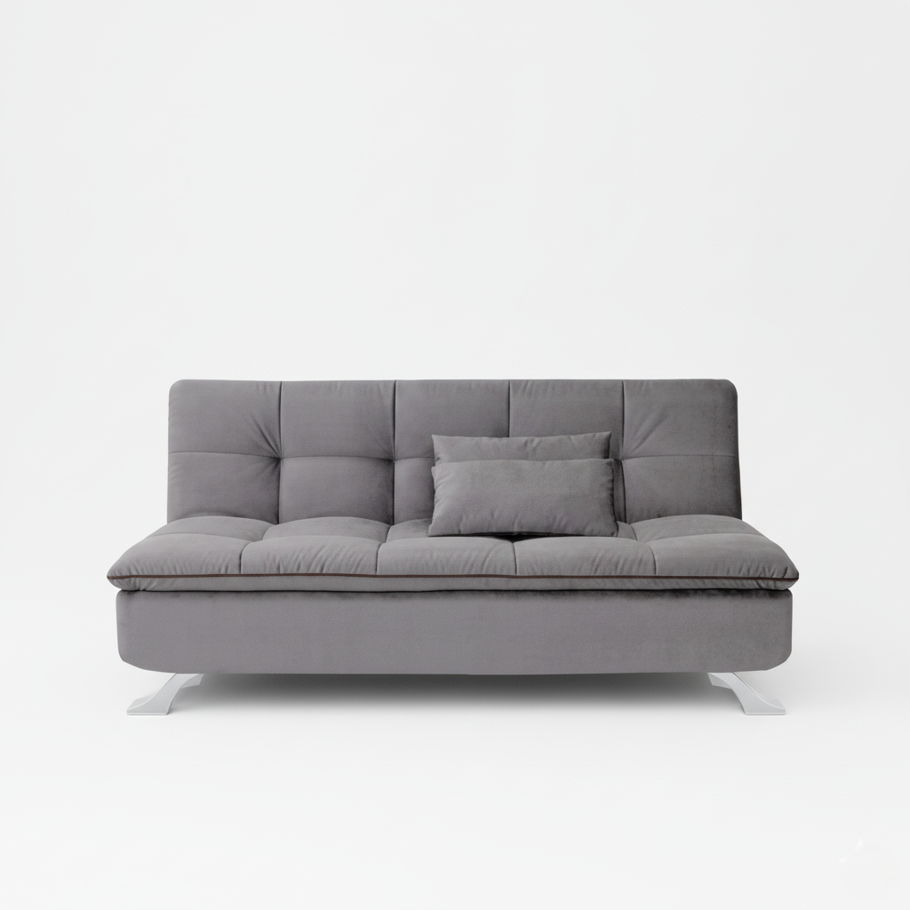 आधुनिक 3-सीटर साबर फ़ैब्रिक सोफ़ा कम बेड और क्रोम मेटल पैर, बिना आर्मरेस्ट के, जगह बचाने वाला कन्वर्टिबल डिज़ाइन