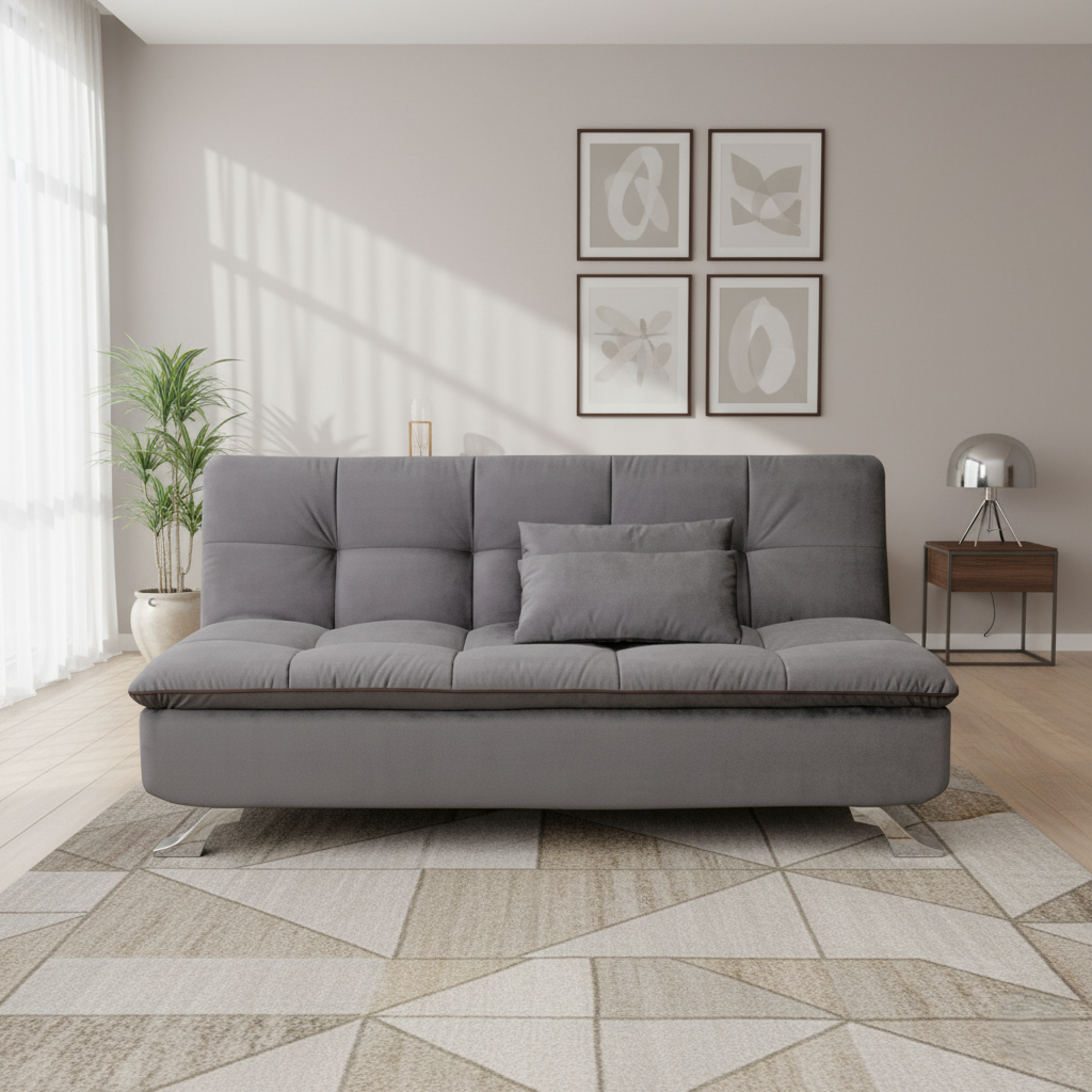 आधुनिक 3-सीटर साबर फ़ैब्रिक सोफ़ा कम बेड और क्रोम मेटल पैर, बिना आर्मरेस्ट के, जगह बचाने वाला कन्वर्टिबल डिज़ाइन