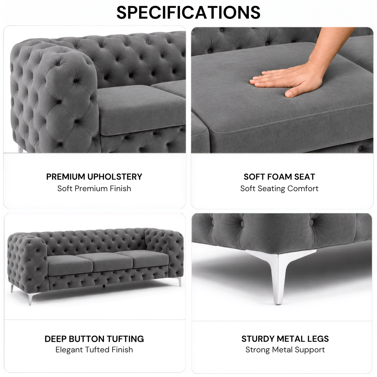 Premium Chesterfield 3 Seater Sofa with Deep Diamond Button Tufting, Curved Arms, Plush Cushioned Seats & Sleek Metal Legs
