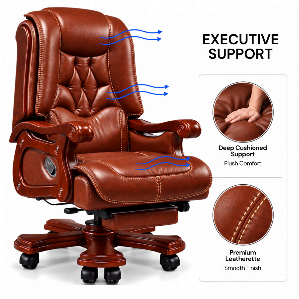 High Back Luxury Office Director Chair Made in Plyboard with Leatherette and High Density Foam & Recliner Feature and Double Wheel with wooden Polish