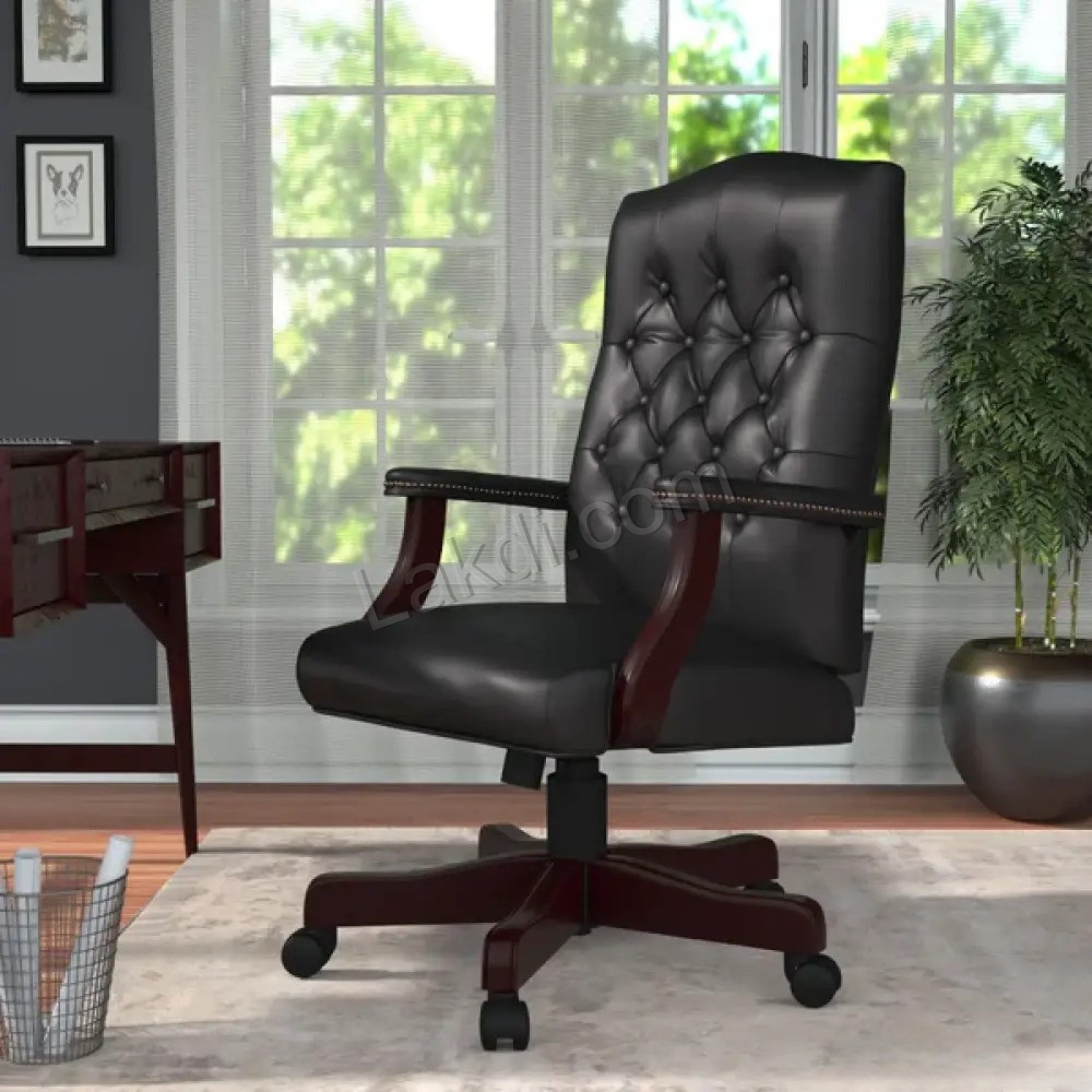 Director office Chair Tufted Design Made in Solid wood with Leatherette Upholstery & Armrest with Height Adjustable Chair - Black