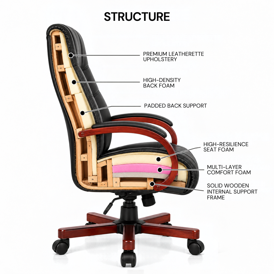 Stylish Leatherette Director and Boss Office Chair with Wooden Handle and Base
