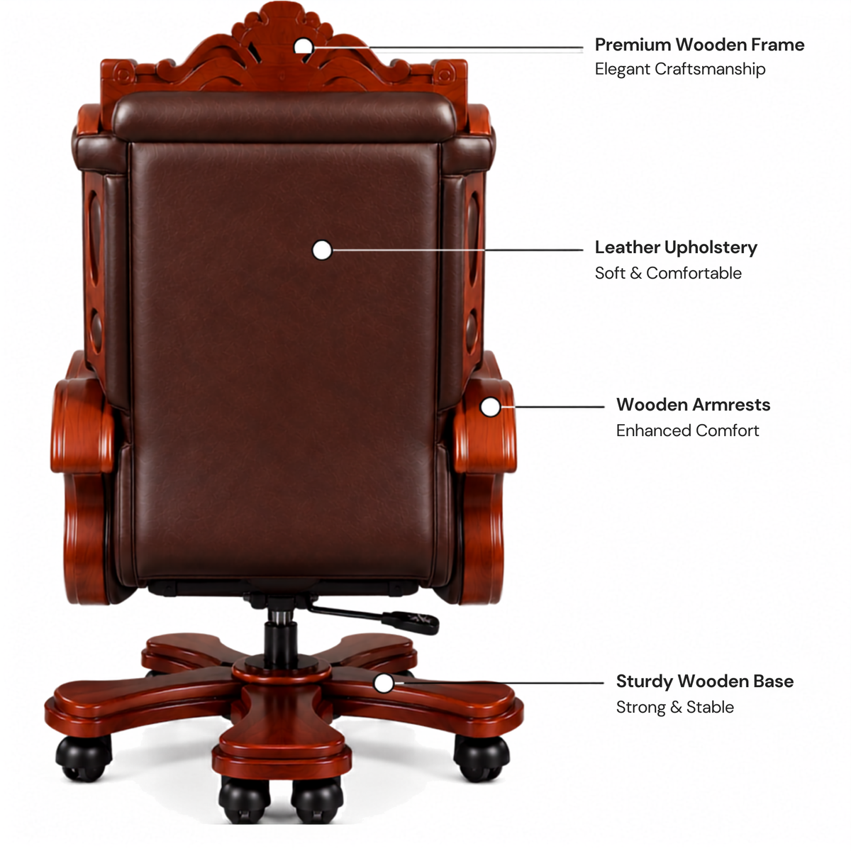 Luxury Office Director Chair Made in Teak wood with Leatherette and Soft Padded - Armrest and Swivel Base and Polish, 150° Reclining Office Seat -Brown