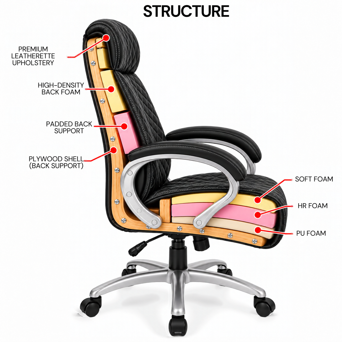 Luxury Executive Office Chair with Diamond Quilted High Backrest, Padded Headrest, Cushioned Armrests, Adjustable Height & Chrome Swivel Base