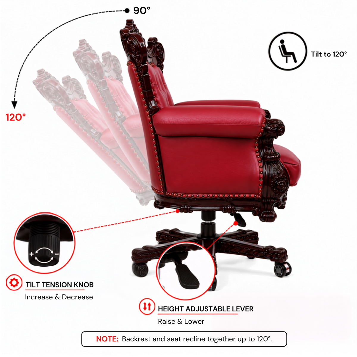 Design Hand Carved Teak Wood Adjustable Height 360D Swivel Button Tufted Office Armrest Chair