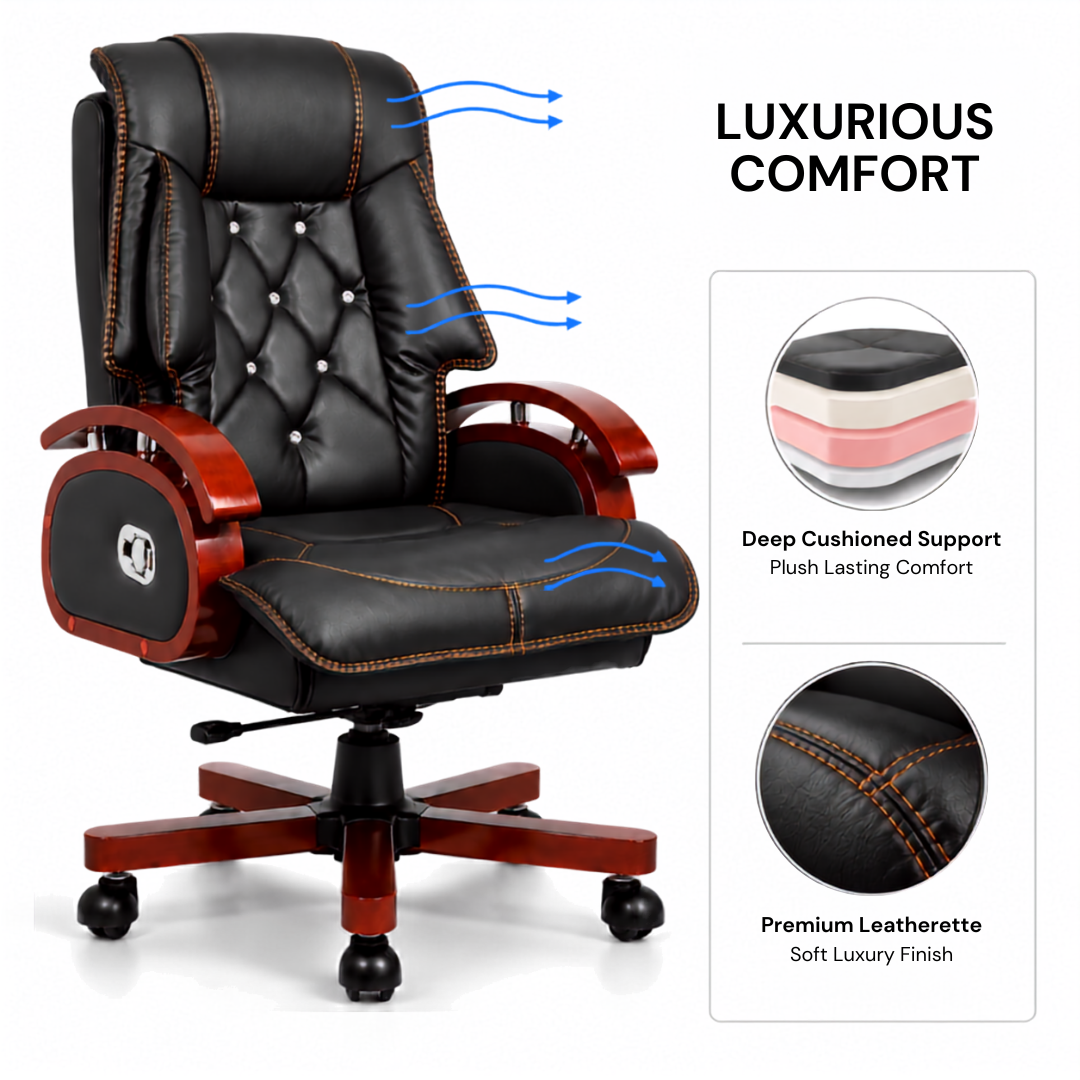 High Back Leatherette and Pure Leather Wooden Director Office Chair with Wooden Base and Handle, Wooden chair