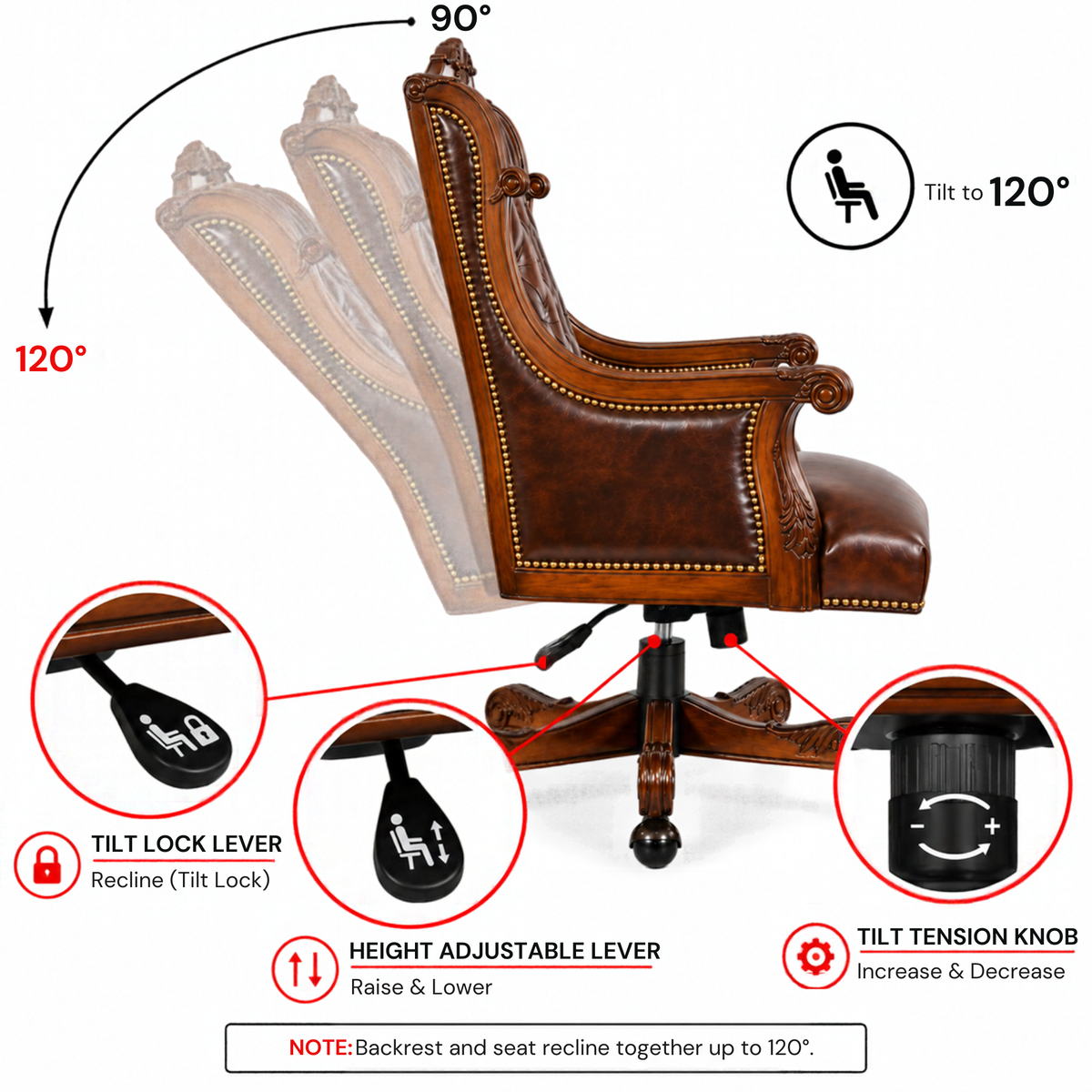 Luxury Design Boss and Director High-Back Leatherette Office Chair Swivel, Adjustable Height, Fixed Armrest, and for Wooden Base