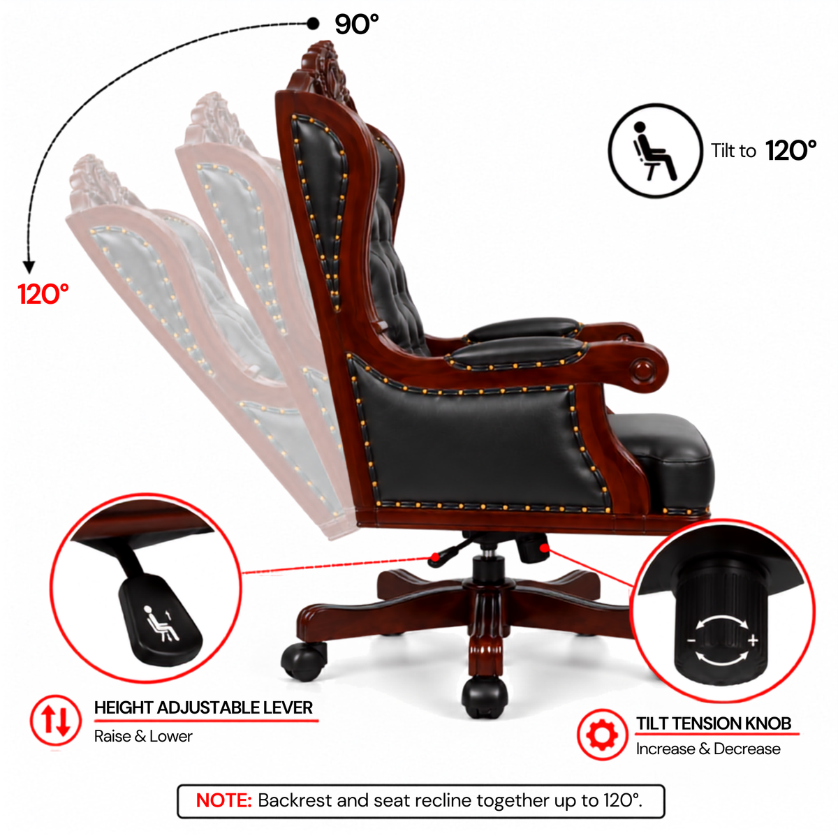 Director Chair Luxury High-Back Leatherette Office Chair with Adjustable Height, Fixed Armrests, Wooden Base, Premium Handcrafted Swivel Tilt Chair