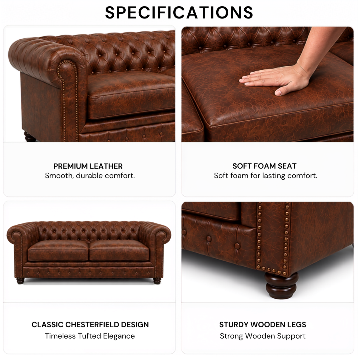 3 Seater chesterfield sofa Modern Design and Leatherette fabric Durable & Comfortable Padded Perfect for living Room -Brown