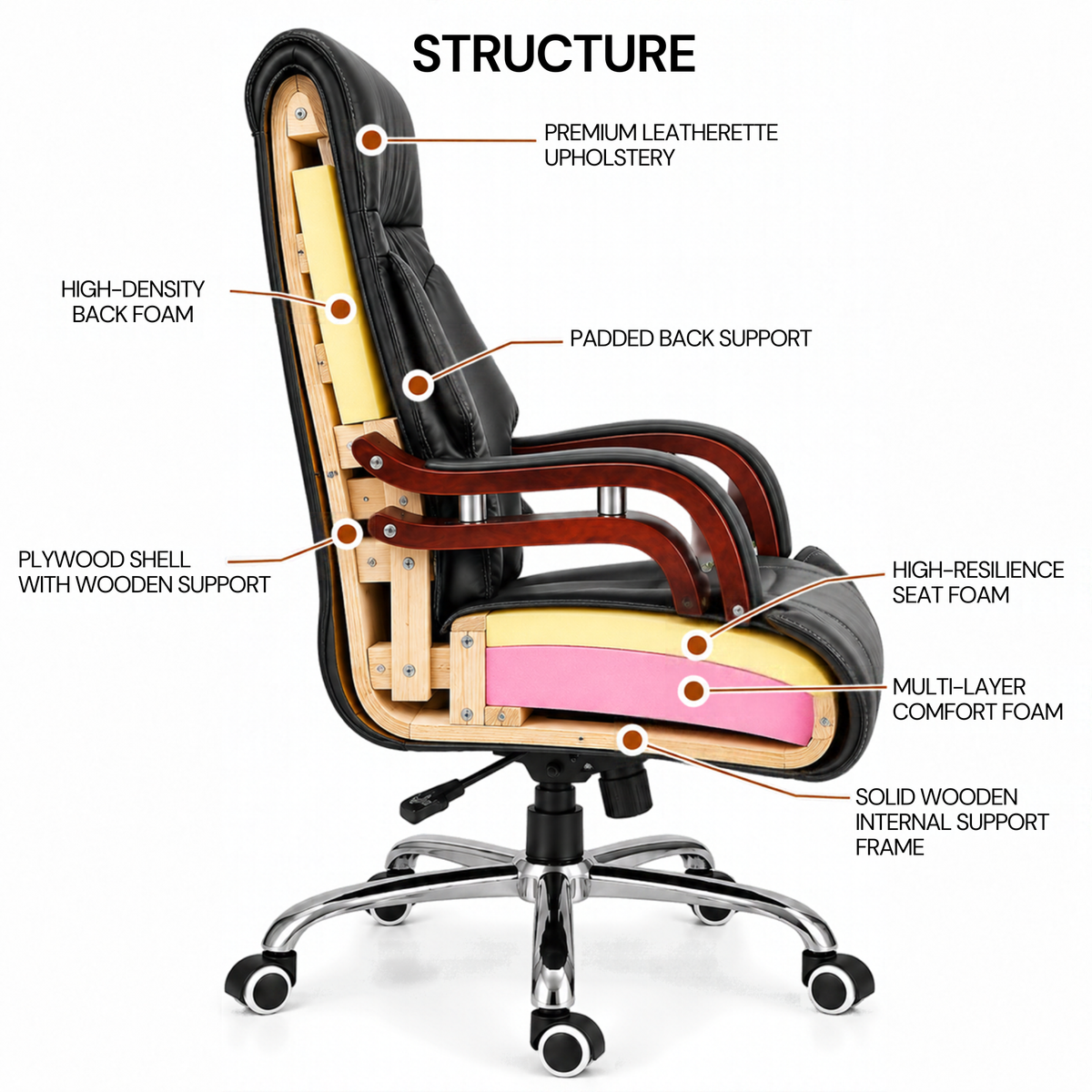 Luxury Boss Chair with High Back Leatherette Design and Stylish Chrome Base and Wooden Handle