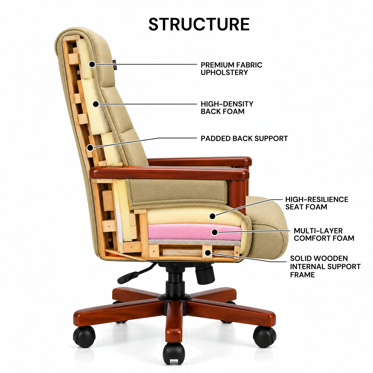 High Back Wooden with Fabric Revolving & Recliner Chair | Director Chair | Office - Cream Color